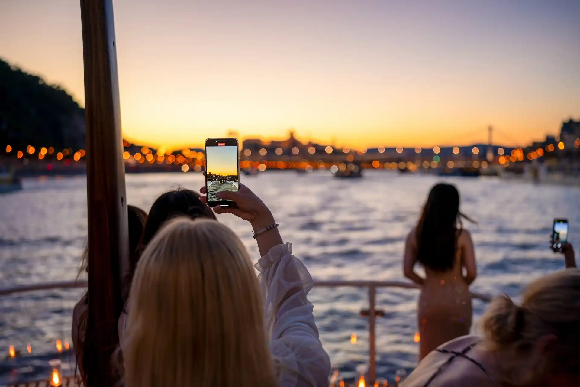  Budapest sunset cruise on the Danube river during golden hour with a colorful twilight sky