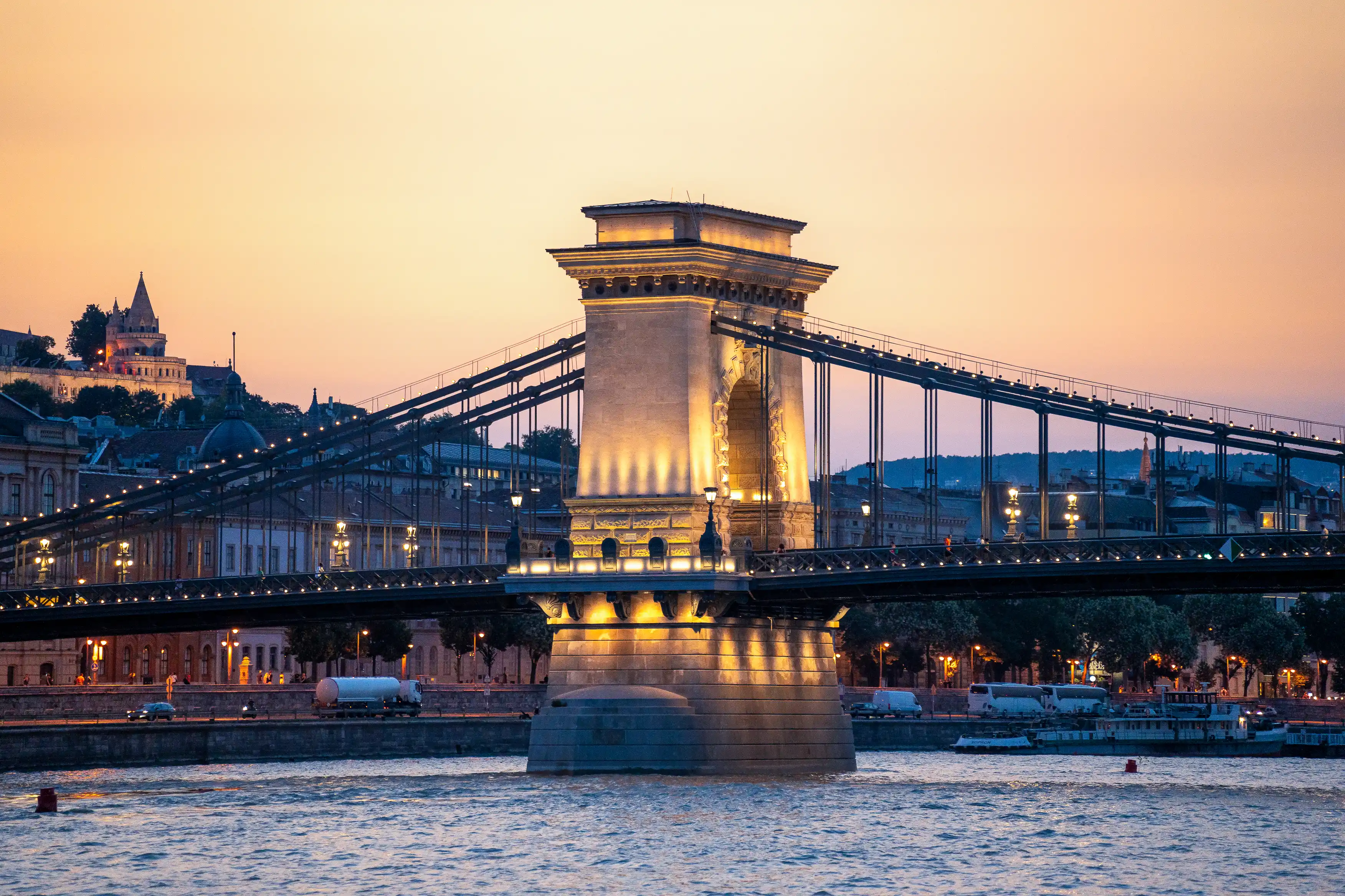 View of the Chain Bridge architecture taken from a Budapest sightseeing cruise