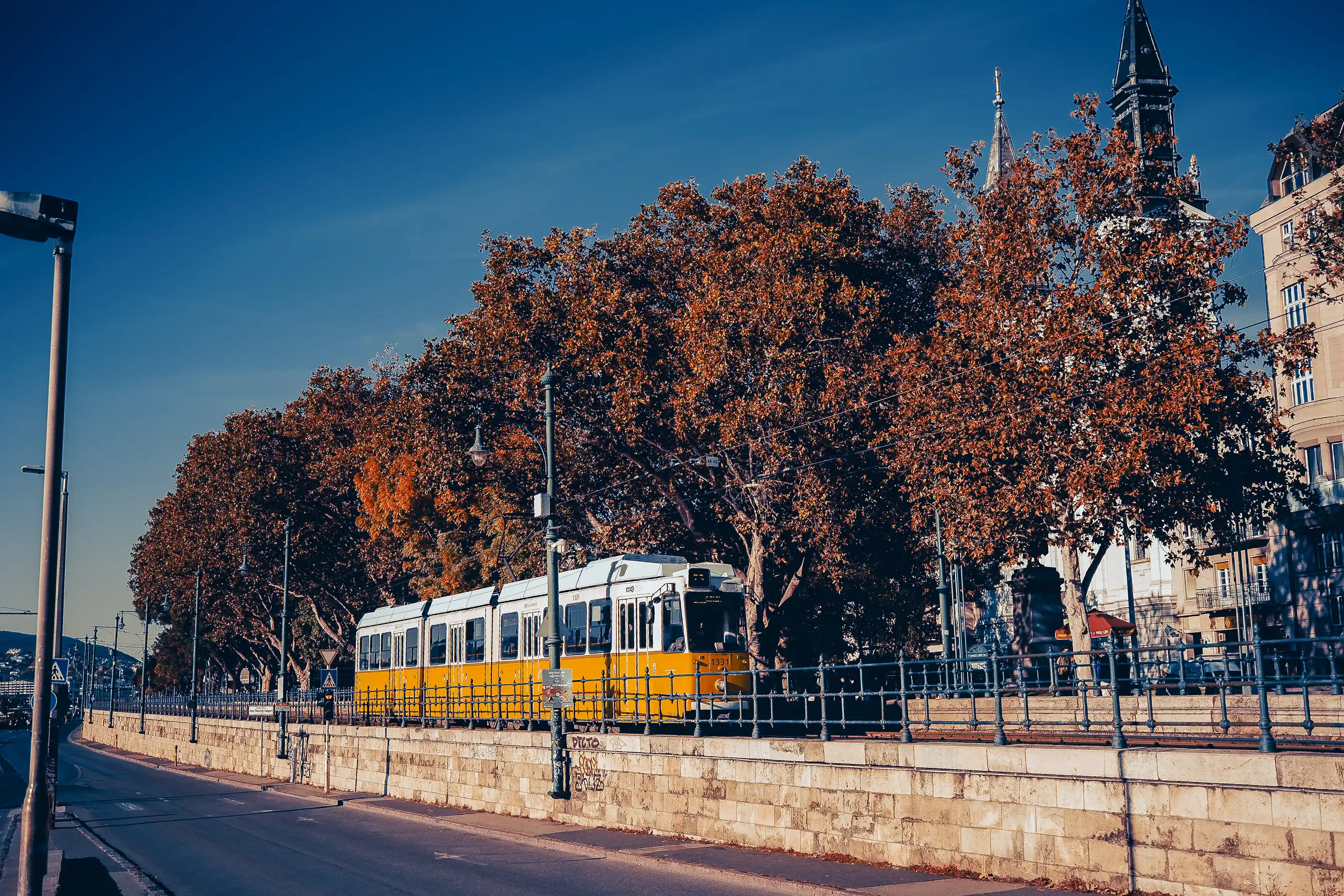 Budapest Tram 2 stopping at Marcius 15 ter near the Elizabeth bridge quay