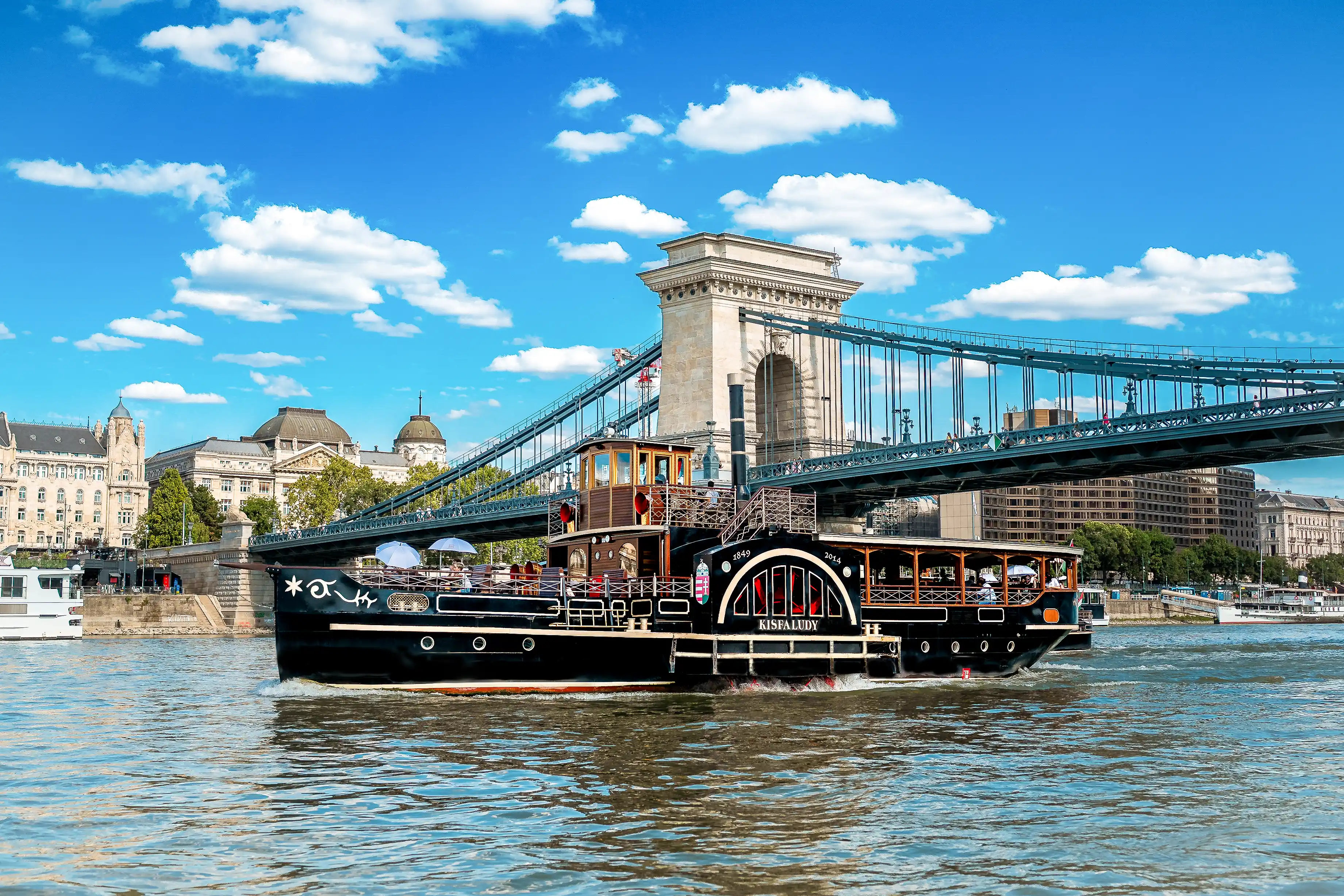 The historic Kisfaludy paddlesteamer cruise boat sailing on the Danube river in Budapest